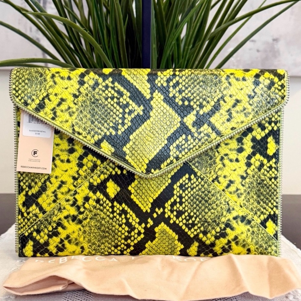 SOLD LIVE! Rebecca Minkoff Yellow Snake Print Zipper Clutch! NWT & dust bag!